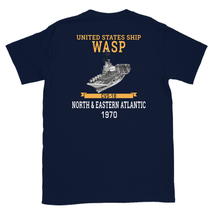 USS Wasp (CVS-18) 1970 N. & EASTERN ATLANTIC Short-Sleeve Unisex T-Shirt – back view, navy
