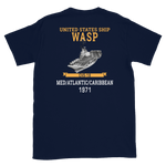 USS Wasp (CVS-18) 1971 MED/ATLANTIC/CARIBBEAN Short-Sleeve Unisex T-Shirt – back view, navy