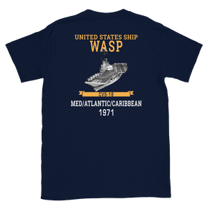 USS Wasp (CVS-18) 1971 MED/ATLANTIC/CARIBBEAN Short-Sleeve Unisex T-Shirt – back view, navy