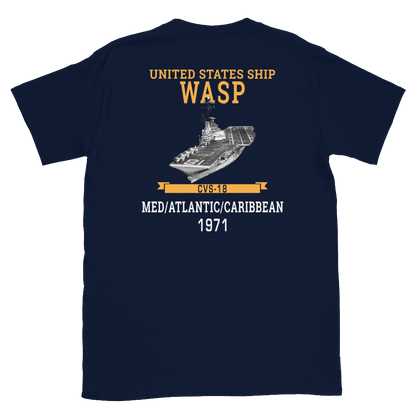 USS Wasp (CVS-18) 1971 MED/ATLANTIC/CARIBBEAN Short-Sleeve Unisex T-Shirt – back view, navy