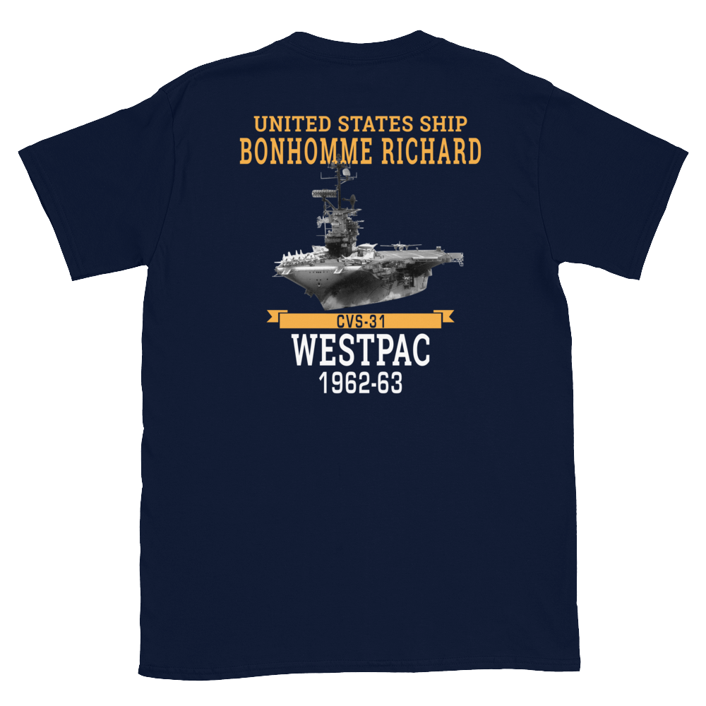 USS Bonhomme Richard (CVS-31) 1962-63 WESTPAC Short-Sleeve Unisex T-Shirt – back view, navy