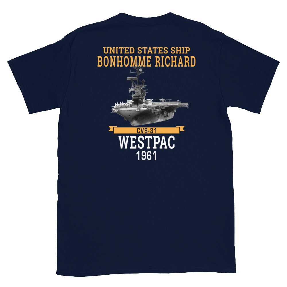 USS Bonhomme Richard (CVS-31) 1961 WESTPAC Short-Sleeve Unisex T-Shirt – back view, navy