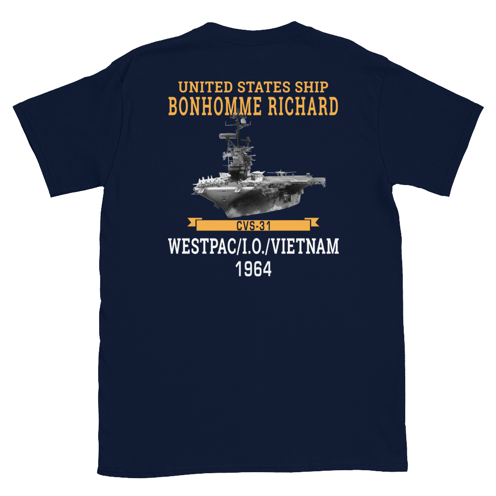 USS Bonhomme Richard (CVS-31) 1964 WESTPAC/VIETNAM Short-Sleeve Unisex T-Shirt – back view, navy