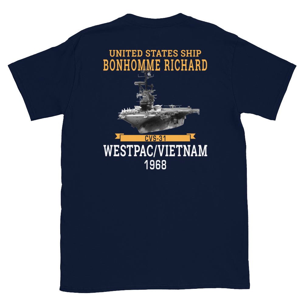 USS Bonhomme Richard (CVS-31) 1968 WESTPAC/VIETNAM Short-Sleeve Unisex T-Shirt – back view, navy