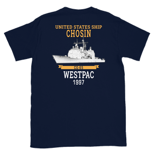 USS Chosin (CG-65) 1997 WESTPAC Short-Sleeve Unisex T-Shirt – back view, navy