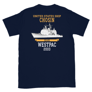 USS Chosin (CG-65) 2003 WESTPAC Short-Sleeve Unisex T-Shirt – back view, navy