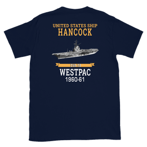 USS Hancock (CVA-19) 1960-61 WESTPAC Short-Sleeve Unisex T-Shirt – back view, navy
