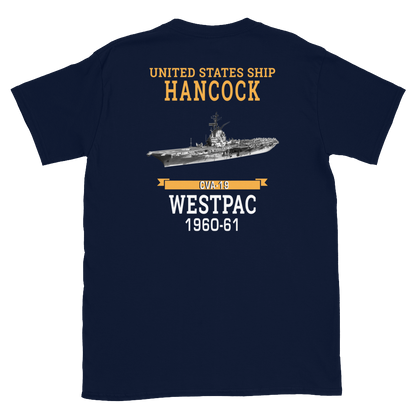 USS Hancock (CVA-19) 1960-61 WESTPAC Short-Sleeve Unisex T-Shirt – back view, navy
