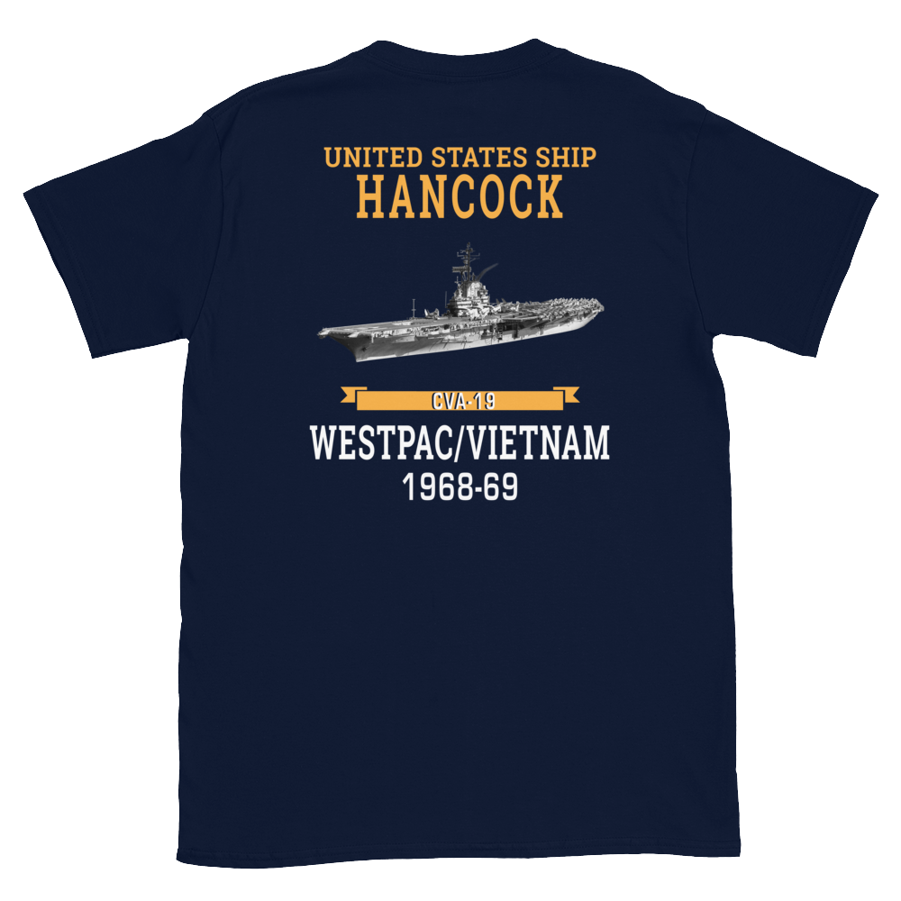 USS Hancock (CVA-19) 1968-69 WESTPAC/VIETNAM Short-Sleeve Unisex T-Shirt – back view, navy
