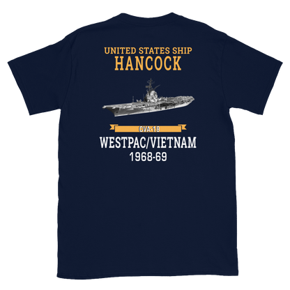USS Hancock (CVA-19) 1968-69 WESTPAC/VIETNAM Short-Sleeve Unisex T-Shirt – back view, navy