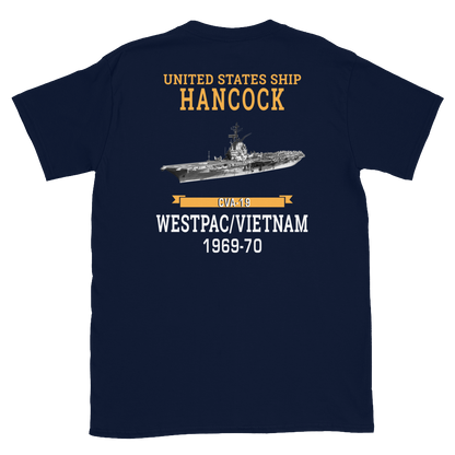 USS Hancock (CVA-19) 1969-70 WESTPAC/VIETNAM Short-Sleeve Unisex T-Shirt – back view, navy
