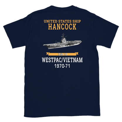 USS Hancock (CVA-19) 1970-71 WESTPAC/VIETNAM Short-Sleeve Unisex T-Shirt – back view, navy