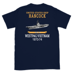 USS Hancock (CVA-19) 1973-74 WESTPAC/VIETNAM Short-Sleeve Unisex T-Shirt – back view, navy