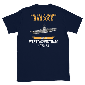 USS Hancock (CVA-19) 1973-74 WESTPAC/VIETNAM Short-Sleeve Unisex T-Shirt – back view, navy