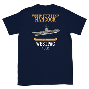 USS Hancock (CVA-19) 1962 WESTPAC Short-Sleeve Unisex T-Shirt – back view, navy