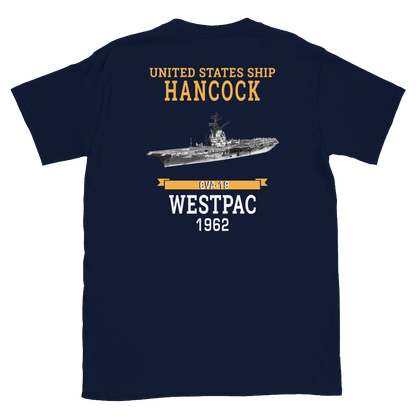 USS Hancock (CVA-19) 1962 WESTPAC Short-Sleeve Unisex T-Shirt – back view, navy