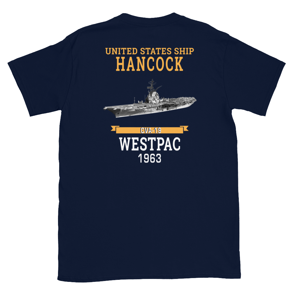 USS Hancock (CVA-19) 1963 WESTPAC Short-Sleeve Unisex T-Shirt – back view, navy