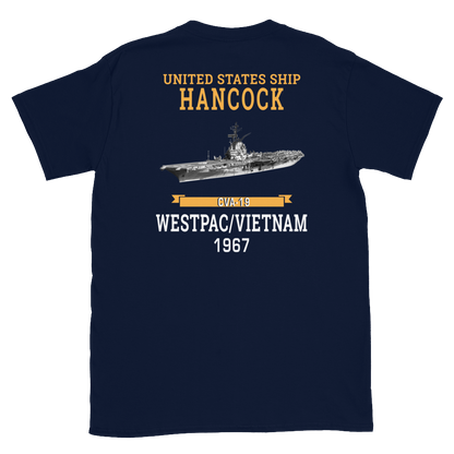 USS Hancock (CVA-19) 1967 WESTPAC/VIETNAM Short-Sleeve Unisex T-Shirt – back view, navy