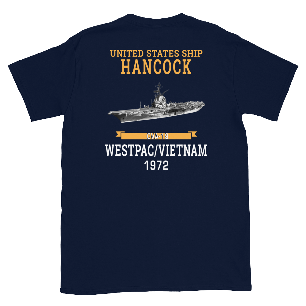 USS Hancock (CVA-19) 1972 WESTPAC/VIETNAM Short-Sleeve Unisex T-Shirt – back view, navy