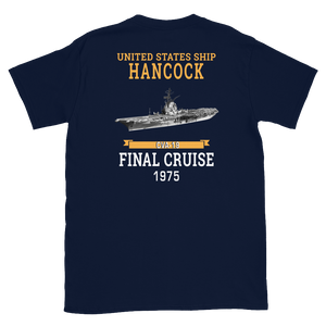 USS Hancock (CVA-19) 1975 FINAL CRUISE Short-Sleeve Unisex T-Shirt – back view, navy