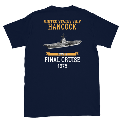 USS Hancock (CVA-19) 1975 FINAL CRUISE Short-Sleeve Unisex T-Shirt – back view, navy