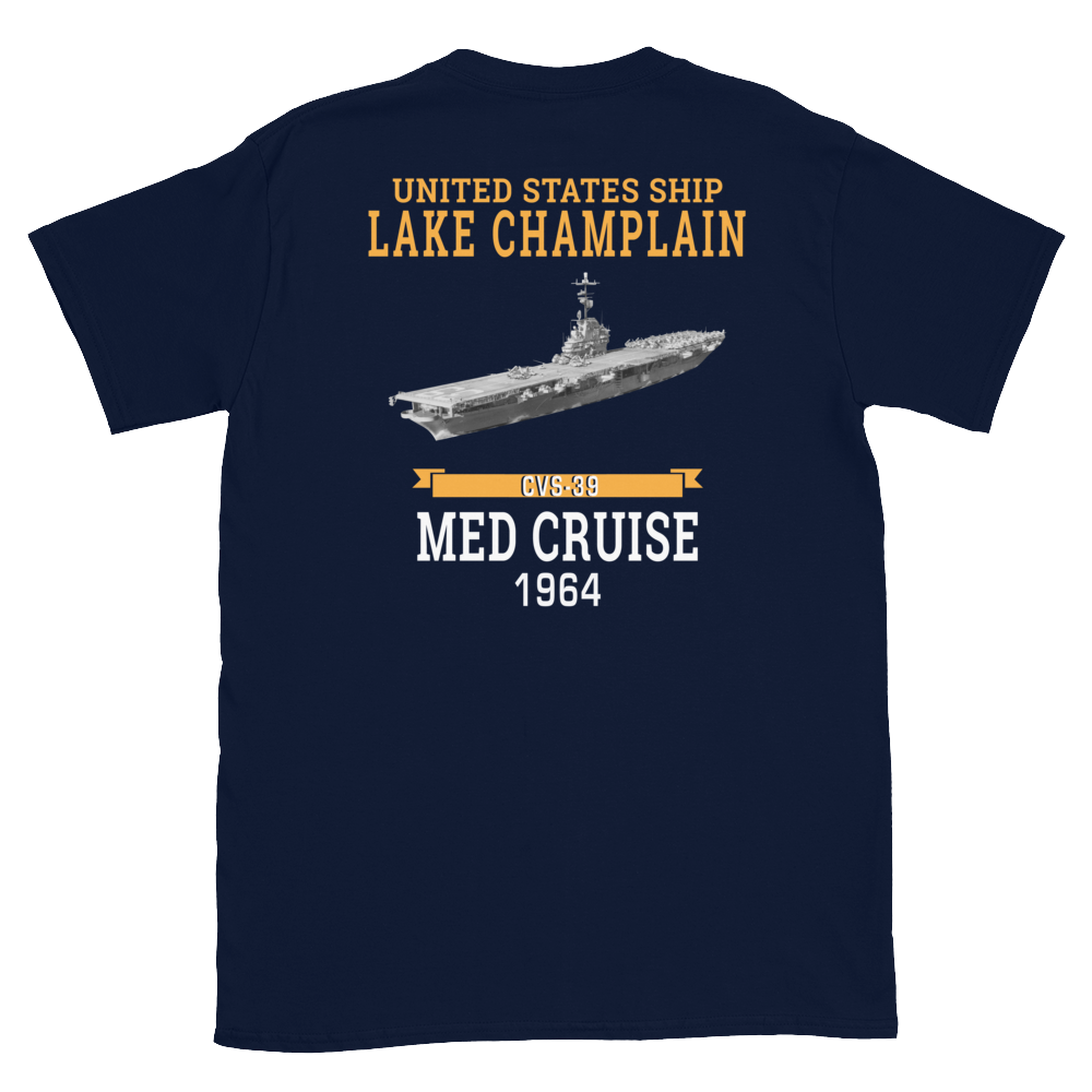 USS Lake Champlain (CVS-39) 1964 MED CRUISE T-Shirt – back view, navy