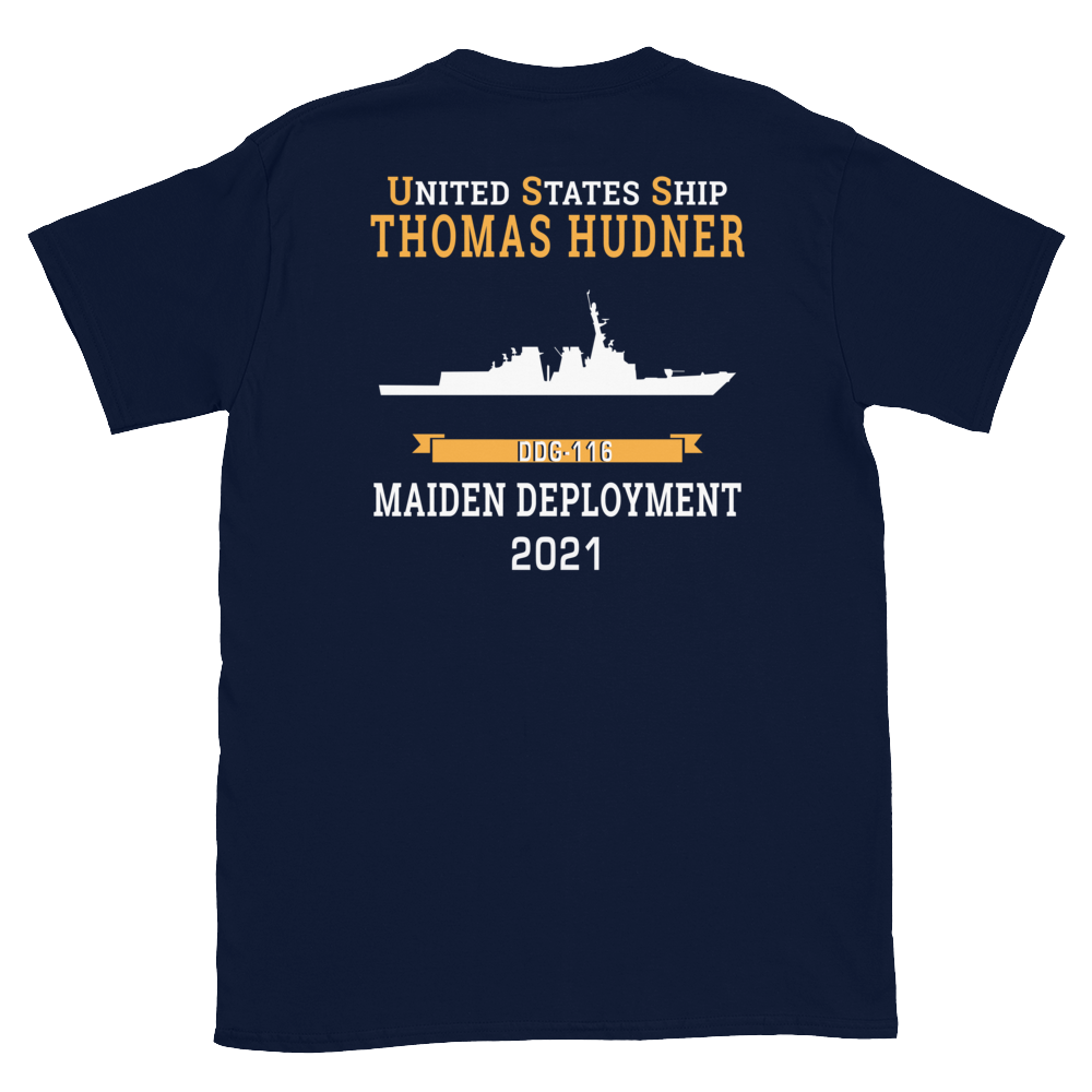 USS Thomas Hudner (DDG-116) 2021 MAIDEN DEPLOYMENT Short-Sleeve Unisex T-Shirt – back view, navy