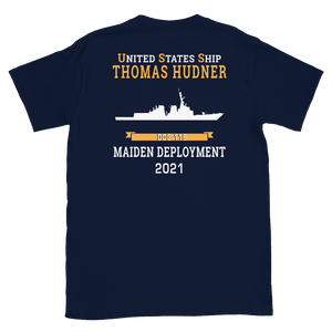 USS Thomas Hudner (DDG-116) 2021 MAIDEN DEPLOYMENT Short-Sleeve Unisex T-Shirt – back view, navy
