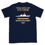USS Stethem (DDG-63) 1997 MAIDEN DEPLOYMENT Short-Sleeve Unisex T-Shirt – back view, navy
