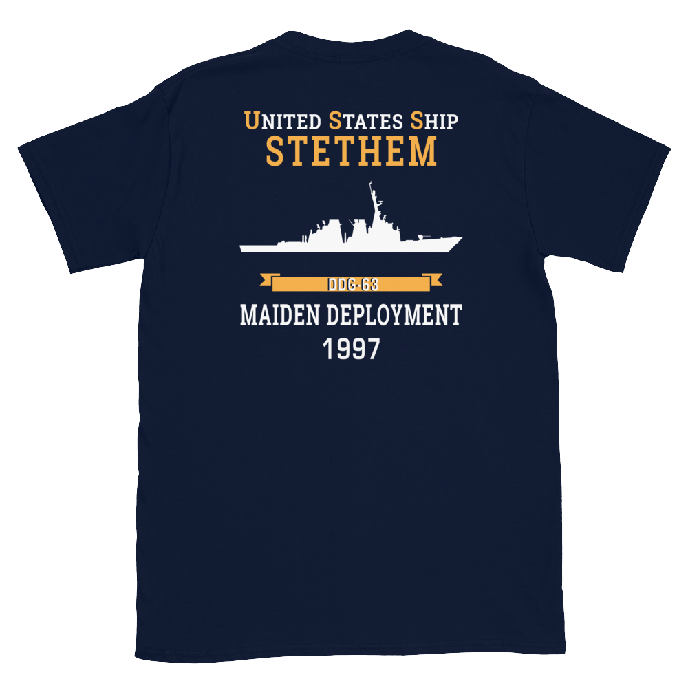 USS Stethem (DDG-63) 1997 MAIDEN DEPLOYMENT Short-Sleeve Unisex T-Shirt – back view, navy