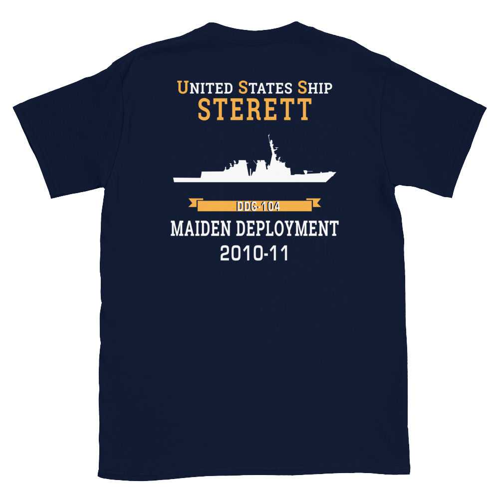 USS Sterett (DDG-104) 2010-11 MAIDEN DEPLOYMENT Short-Sleeve Unisex T-Shirt – back view, navy