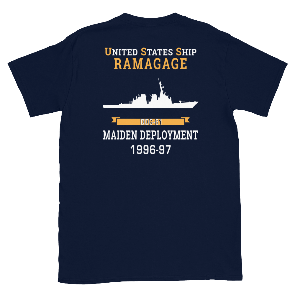 USS Ramage (DDG-61) 1996-97 MAIDEN DEPLOYMENT Short-Sleeve Unisex T-Shirt – back view, navy