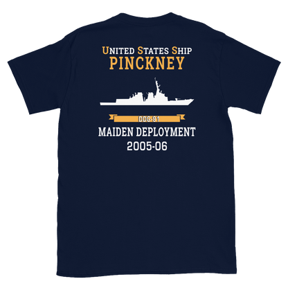 USS Pinckney (DDG-91) 2005-06 MAIDEN DEPLOYMENT Short-Sleeve Unisex T-Shirt – back view, navy