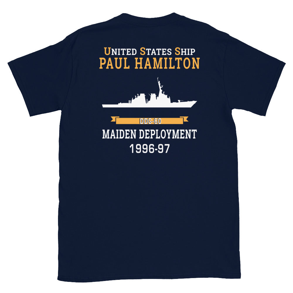 USS Paul Hamilton (DDG-60) 1996-97 MAIDEN DEPLOYMENT Short-Sleeve Unisex T-Shirt – back view, navy