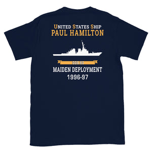 USS Paul Hamilton (DDG-60) 1996-97 MAIDEN DEPLOYMENT Short-Sleeve Unisex T-Shirt – back view, navy