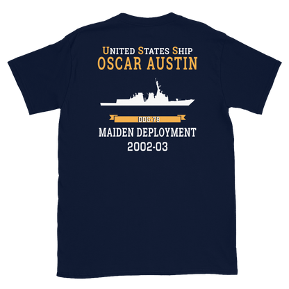 USS Oscar Austin (DDG-79) 2002-03 MAIDEN DEPLOYMENT Short-Sleeve Unisex T-Shirt – back view, navy