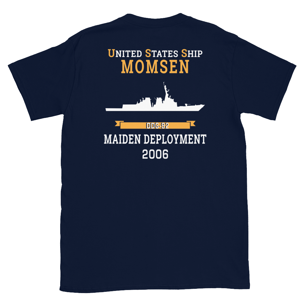 USS Momsen (DDG-92) 2006 MAIDEN DEPLOYMENT Short-Sleeve Unisex T-Shirt – back view, navy