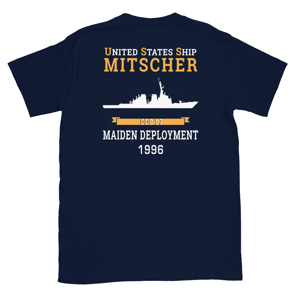 USS Mitscher (DDG-57) 1996 MAIDEN DEPLOYMENT Short-Sleeve Unisex T-Shirt – back view, navy