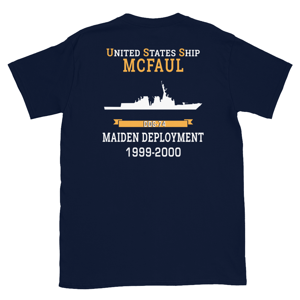 USS McFaul (DDG-74) 1999-2000 MAIDEN DEPLOYMENT Short-Sleeve Unisex T-Shirt – back view, navy