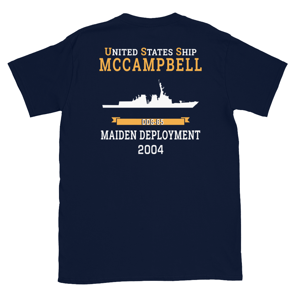 USS McCampbell (DDG-85) 2004 MAIDEN DEPLOYMENT Short-Sleeve Unisex T-Shirt – back view, navy