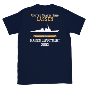 USS Lassen (DDG-82) 2003 MAIDEN DEPLOYMENT Short-Sleeve Unisex T-Shirt – back view, navy