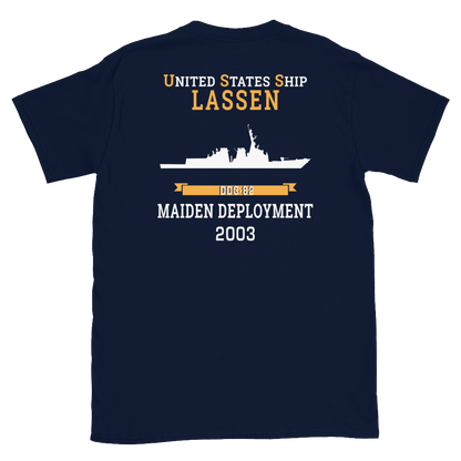 USS Lassen (DDG-82) 2003 MAIDEN DEPLOYMENT Short-Sleeve Unisex T-Shirt – back view, navy