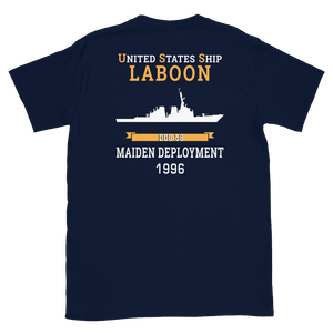 USS Laboon (DDG-58) 1996 MAIDEN DEPLOYMENT Short-Sleeve Unisex T-Shirt – back view, navy