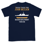 USS John S. McCain (DDG-56) 1995-96 MAIDEN DEPLOYMENT Short-Sleeve Unisex T-Shirt – back view, navy