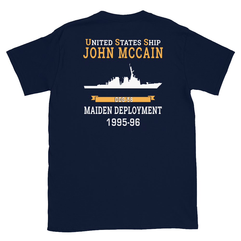 USS John S. McCain (DDG-56) 1995-96 MAIDEN DEPLOYMENT Short-Sleeve Unisex T-Shirt – back view, navy