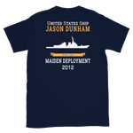 USS Jason Dunham (DDG-109) 2012 MAIDEN DEPLOYMENT Short-Sleeve Unisex T-Shirt – back view, navy
