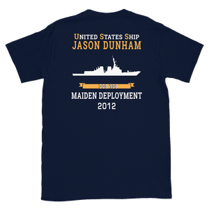USS Jason Dunham (DDG-109) 2012 MAIDEN DEPLOYMENT Short-Sleeve Unisex T-Shirt – back view, navy