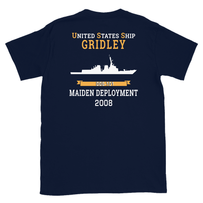 USS Gridley (DDG-101) 2008 MAIDEN DEPLOYMENT Short-Sleeve Unisex T-Shirt – back view, navy
