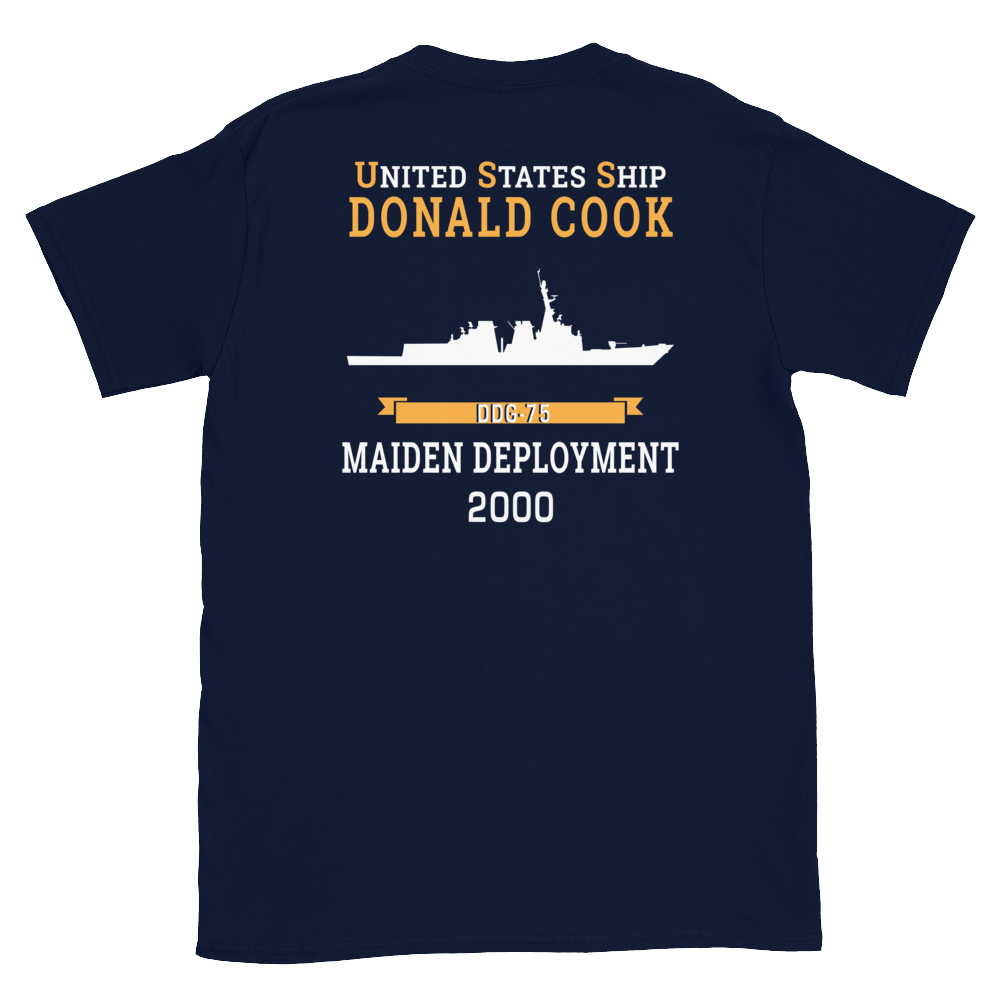 USS Donald Cook (DDG-75) 2000 MAIDEN DEPLOYMENT Short-Sleeve Unisex T-Shirt – back view, navy