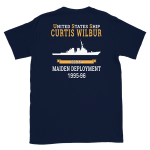 USS Curtis Wilbur (DDG-54) 1995-96 MAIDEN DEPLOYMENT Short-Sleeve Unisex T-Shirt – back view, navy
